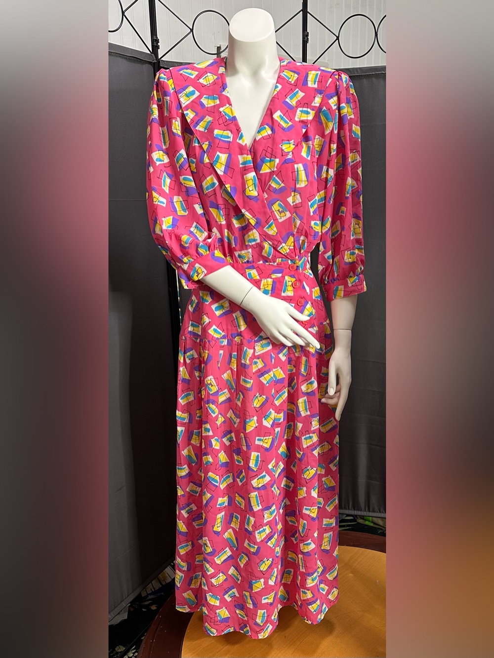 Sz 8 SK & Company 80s Pink Geometric Print Secretary Power Dress Teachercore